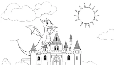Un dessin au trait d'un château fantastique avec un dragon souriant volant devant, un soleil et des nuages dans le ciel, et des buissons en bas.