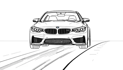 Dessin au trait d'une BMW M3 rouge vif sur une route, vue de face, avec des jantes noires, dans un style color panel.