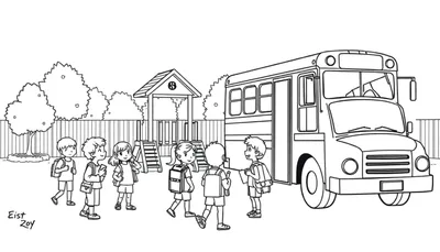 A black and white sketch of children waiting for a school bus with a playground in the background, a colour plate.