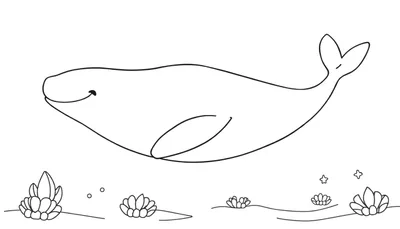 Dessin au trait d'une baleine souriante avec des bulles et des étoiles de mer, prêt pour un color panel.