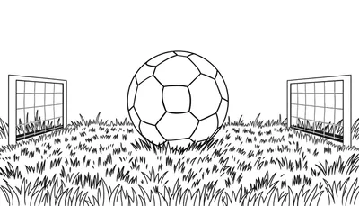 Page de coloriage en noir et blanc d'un ballon de football entre deux buts, sur un terrain d'herbe. Un super color panel pour imaginer un match.