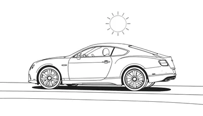 Une Bentley Continental GT blanche en dessin au trait, vue de profil sur une route ensoleillée avec le soleil en haut.