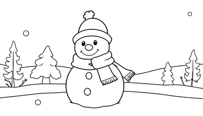 Un bonhomme de neige souriant avec un chapeau, une écharpe et des boutons sur son corps, dans un paysage d'hiver avec des arbres et des collines. Le dessin est en noir et blanc, comme un coloriage. Un color panel.