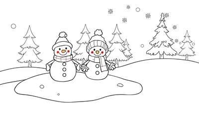 Deux bonhommes de neige souriants dans un paysage hivernal avec des flocons de neige tombant, un color panel pour s'amuser.
