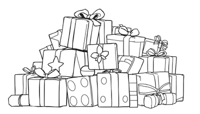 Dessin au trait d'une pile de cadeaux emballés, certains avec des motifs de color panel.