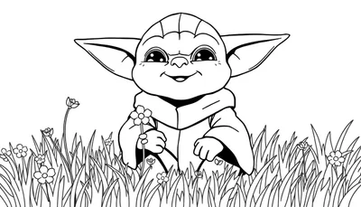 Dessin au trait noir et blanc d'un personnage bébé Yoda souriant tenant une fleur dans un champ.