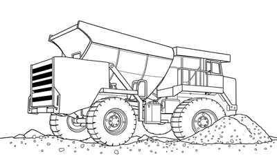 Dessin au trait d'un camion de chantier jaune avec sa benne levée, stationné sur un terrain rocailleux.
