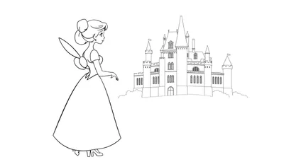 Jeune femme de dessin animé devant un château, style livre de coloriage.