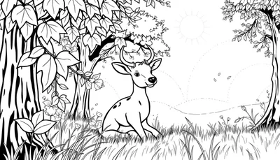 Un dessin au trait noir et blanc d'un jeune cerf dans une forêt.