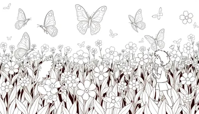 Dessin au trait d'un enfant regardant des papillons dans un champ de fleurs, avec un color panel.