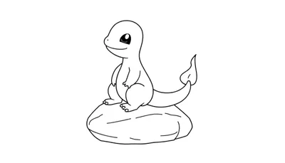 Une image en noir et blanc d'un Charmander cartoon de Pokémon sur une roche, une couleur plate.