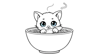 Dessin au trait d'un chaton kawaii dans un bol de ramen fumant, tenant une baguette, avec un panneau de couleurs.