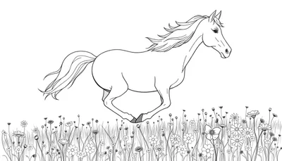 Dessin au trait d'un cheval blanc galopant dans un champ de fleurs colorées.