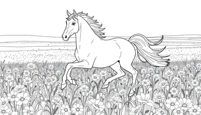 Cheval galopant dans un pré fleuri, style dessin au trait pour color panel.