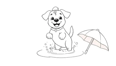 Un dessin au trait d'un petit chien mignon souriant jouant dans une flaque d'eau sous la pluie, portant un petit chapeau. Un parapluie est tombé à côté. Conçu pour le color panel.