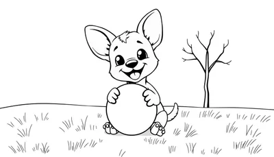 Un chiot mignon en dessin au trait noir et blanc assis dans l'herbe, tenant un ballon, prêt pour un color panel.