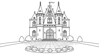 Un dessin au trait d'un château avec des tourelles, un drapeau et une cour pavée, prêt pour un color panel.