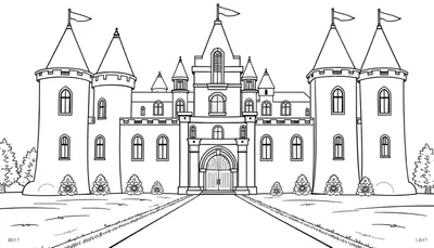 Un château en noir et blanc prêt à être colorié, avec des drapeaux et des tours, faisant partie d'un color panel.