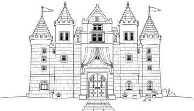 Un château de conte de fées à colorier avec des tours, des drapeaux et des fenêtres.