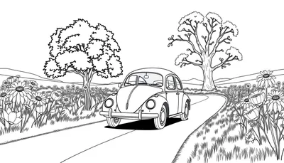 Dessin au trait d'une Volkswagen Coccinelle sur une route de campagne fleurie, style livre de coloriage. Color panel.