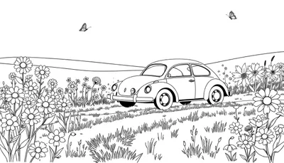 Dessin au trait noir et blanc d'une Coccinelle Volkswagen dans un champ de fleurs avec des papillons, prêt pour un color panel.