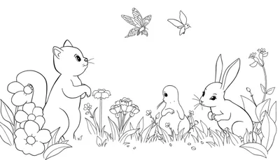 Une page de coloriage en noir et blanc d'un color panel montrant un écureuil antropomorphisé, un lapin et un ourson mangeant une fleur, avec une abeille et un papillon dans le ciel.