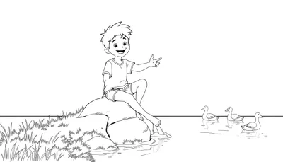 Page de coloriage en noir et blanc d'un enfant joyeux sur un color panel.