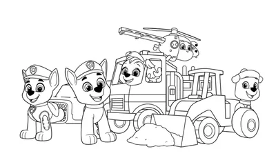 Dessin au trait des chiots de la Pat' Patrouille en action avec leurs véhicules, prêt pour un color panel.
