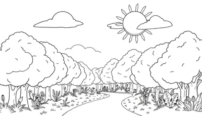 Dessin au trait d'une forêt joyeuse avec un chemin, des arbres, des fleurs, un soleil souriant et des nuages dans un color panel.