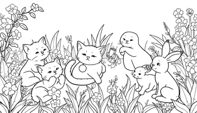 Un dessin au trait d'un color panel de prairie avec des chatons, un phoque et des lapins entourés de fleurs.
