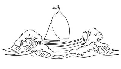 Dessin au trait noir et blanc d'un voilier sur des vagues orageuses, prêt pour le color panel.