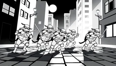 Page de coloriage: Les Tortues Ninja patrouillent dans la ville la nuit, une scène pleine de mystère et d'aventure pour les enfants.