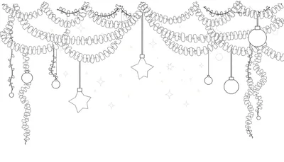Guirlandes festives en noir et blanc avec des boules et des étoiles, prêtes à être colorées.