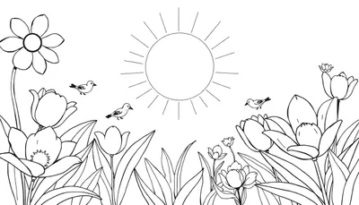 Color panel: un dessin printanier ensoleillé avec un soleil souriant, des tulipes, des marguerites et des oiseaux qui volent.