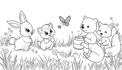 Un color panel d'animaux mignons dans un champ fleuri