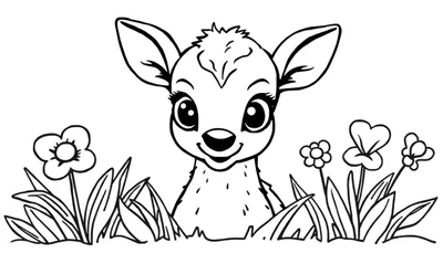 Dessin au trait noir et blanc d'un faon mignon au milieu de fleurs, prêt à être colorié sur un color panel.