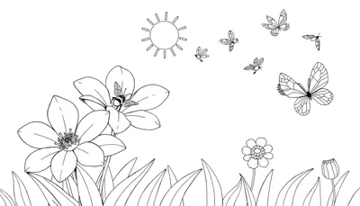 Page à colorier nature avec fleurs, abeille, papillons et soleil.