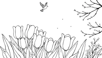 Dessin au trait noir et blanc d'un jardin printanier avec des tulipes, un oiseau en vol, des bourgeons d'arbre et des symboles en forme de V dans le ciel. Le tout dans un style simple, parfait pour un coloriage.