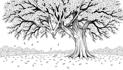 Un arbre dessiné en noir et blanc, avec des feuilles qui tombent et un sol couvert de feuillage, évoquant un color panel.