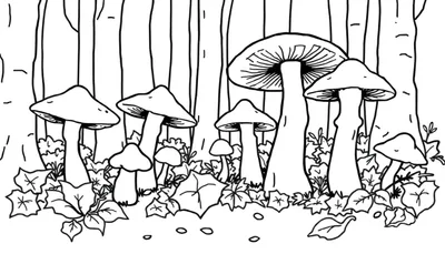 Un dessin en noir et blanc de champignons dans une forêt, prêt pour le coloriage, faisant partie d'un color panel éducatif.