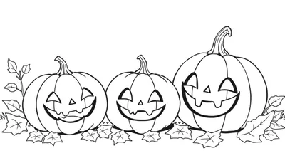 Dessin au trait de trois citrouilles d'Halloween souriantes entourées de feuilles d'automne, parfaites pour un color panel.