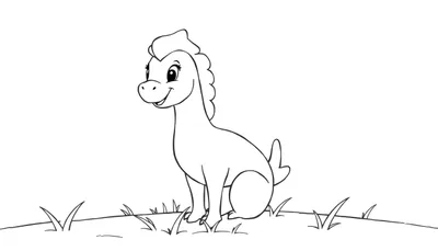 Petit dinosaure souriant assis dans l'herbe, style dessin animé pour coloriage.