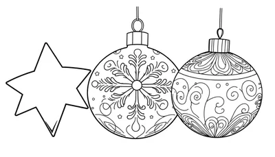 Une page de coloriage en noir et blanc avec deux boules de Noël décorées et une étoile. Le color panel est prêt pour être rempli de couleurs vives.