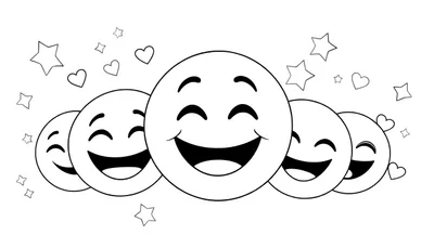Panneau de coloriage d'émojis souriants avec des étoiles et des cœurs.