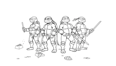 Illustration en noir et blanc des Tortues Ninja, prêtes à colorier.