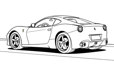 Dessin au trait noir et blanc d'une voiture de sport vue de dos et de côté, prête à être coloriée.
