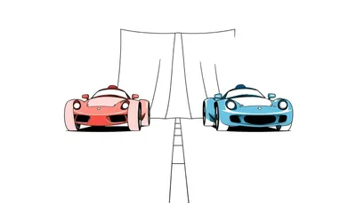 Page de coloriage color panel: voitures de course roses et bleues sur une piste.