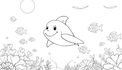 Illustration en noir et blanc d'un dauphin joueur, entouré de poissons et de plantes marines, prête à être coloriée dans un color panel.
