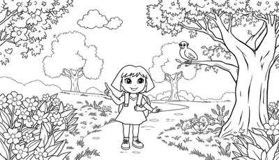Page à colorier de Dora l'exploratrice dans une forêt avec des fleurs, de l'herbe et un arbre.