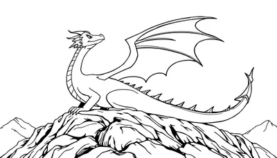 Dessin au trait noir et blanc d'un dragon sage perché sur des rochers, prêt à être colorié.